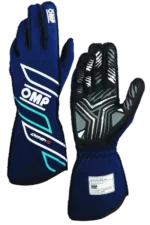 Pair of OMP racing gloves in blue and black with protective features, ideal for motorsport safety and performance.