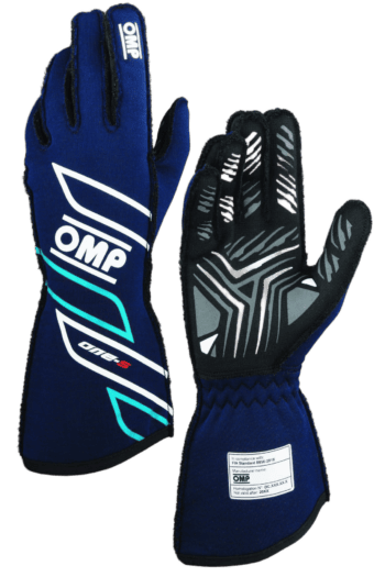 Pair of OMP racing gloves in blue and black with protective features, ideal for motorsport safety and performance.