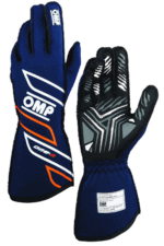 Pair of OMP Grand Prix Racewear racing gloves in blue and black with protective features for motorsport enthusiasts.
