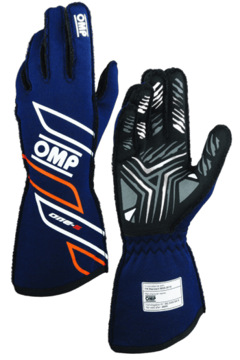 Pair of OMP Grand Prix Racewear racing gloves in blue and black with protective features for motorsport enthusiasts.