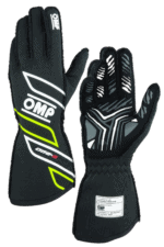 Black OMP racing gloves with white and neon yellow accents, designed for motorsport safety and performance.