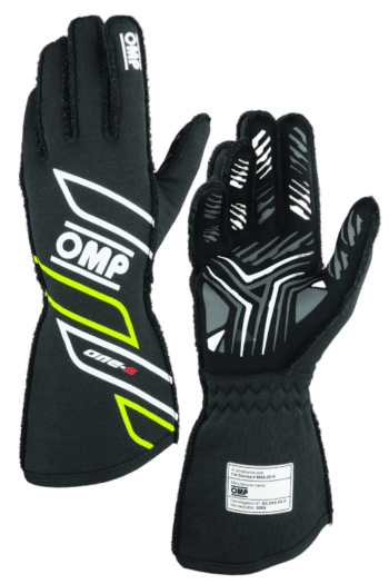 Black OMP racing gloves with white and neon yellow accents, designed for motorsport safety and performance.