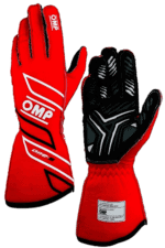 Red and black OMP racing gloves designed for motorsport safety and performance, featuring durable materials and ergonomic fit.