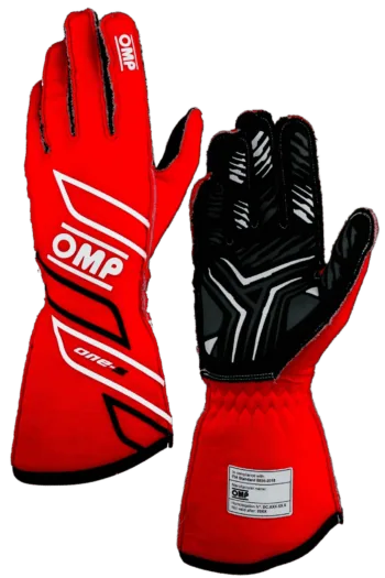 Red and black OMP racing gloves designed for motorsport safety and performance, featuring durable materials and ergonomic fit.