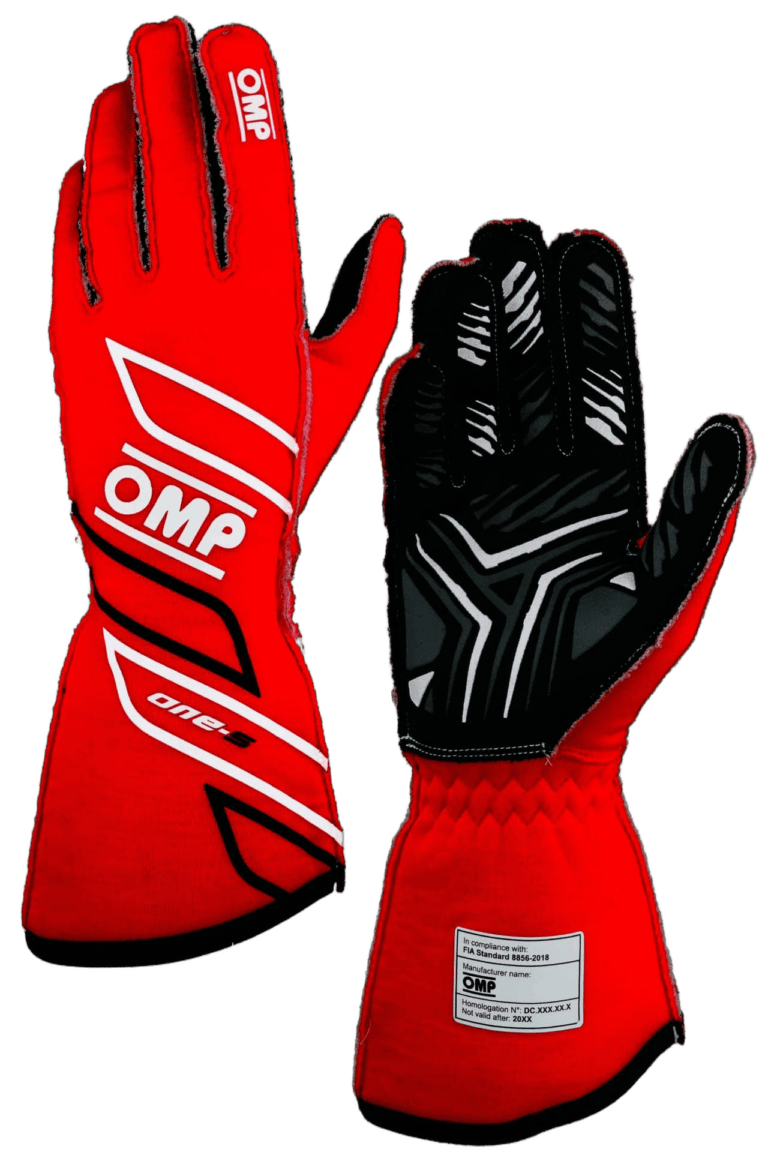 Red and black OMP racing gloves designed for motorsport safety and performance, featuring durable materials and ergonomic fit.