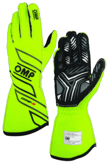 High-visibility neon yellow and black racing gloves from Grand Prix Racewear, designed for motorsport safety and performance.