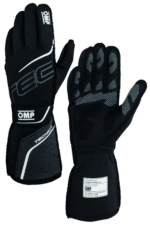 Black OMP racing gloves with white and grey accents, designed for motorsport safety and performance.