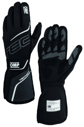 Black OMP racing gloves with white and grey accents, designed for motorsport safety and performance.