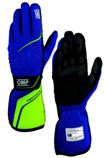 Blue and yellow racing gloves from Grand Prix Racewear, designed for motorsport enthusiasts and professional drivers.