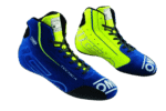 Grand Prix Racewear racing shoes in blue and yellow with high ankle support and breathable design for motorsport enthusiasts.