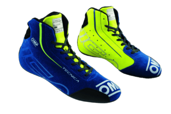 Grand Prix Racewear racing shoes in blue and yellow with high ankle support and breathable design for motorsport enthusiasts.
