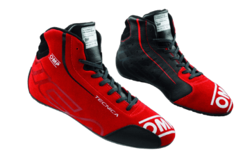 Red and black Grand Prix racing shoes from GPR Direct, designed for high performance and safety in motorsport.