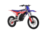 Electric dirt bike with blue, red, and white graphics, suitable for motocross racing, featuring a sleek design and off-road tires.