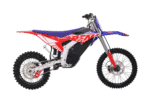 Electric motocross bike with red, blue, and white graphics, designed for off-road racing, featuring a sturdy frame and knobby tires for optimal performance.