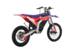 Red, blue, and white Grand Prix Racewear motocross bike with rugged tires and advanced suspension for off-road racing.