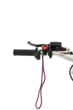 Close-up of a motorcycle handlebar with grip, brake lever, and red safety strap, showcasing Grand Prix Racewear gear for motorcycle racing.