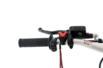 Close-up of a motorcycle handlebar with grip, brake lever, and control switches, showcasing racing and motocross gear from Grand Prix Racewear.