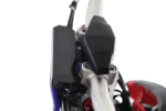 Close-up of a motorcycle handlebar with racing gear, highlighting safety and performance features for Grand Prix racing.