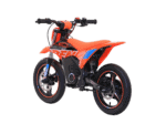Electric motocross bike in orange and black with blue accents, designed for off-road racing, featuring a lightweight frame and high-performance suspension.
