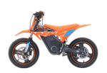 Electric dirt bike with orange and black design, suitable for off-road racing and riding, featuring a lightweight frame and high-performance suspension.