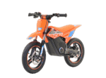 Electric motocross bike in orange and black with Grand Prix Racewear branding, designed for off-road racing enthusiasts.