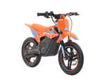 Orange and black electric dirt bike with blue accents, designed for young riders, featuring a sturdy frame and off-road tires.