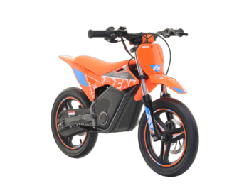 Orange and black electric dirt bike with blue accents, designed for young riders, featuring a sturdy frame and off-road tires.