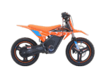 Orange and black electric dirt bike with blue accents, designed for young riders, featuring a sturdy frame and off-road tires, suitable for motocross and trail riding.