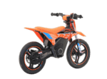 Orange and black electric dirt bike with racing graphics, suitable for young riders, featuring durable tyres and a lightweight frame.