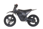 Electric dirt bike with black frame and knobby tires, designed for off-road racing and riding.