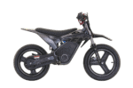 Electric dirt bike with black and grey design, suitable for off-road racing and motocross enthusiasts.