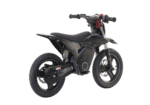 Electric dirt bike from Grand Prix Racewear with black frame and tyres, designed for off-road racing and riding.
