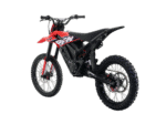 Electric dirt bike with red, black, and white design, suitable for off-road racing and motocross enthusiasts.