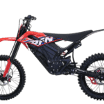 Grand Prix Racewear electric dirt bike with red, black, and white design for off-road racing.