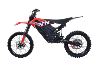 Grand Prix Racewear electric dirt bike with red, black, and white design for off-road racing.