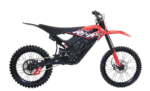 Electric motocross bike with red, black, and white graphics, designed for off-road racing and extreme sports.