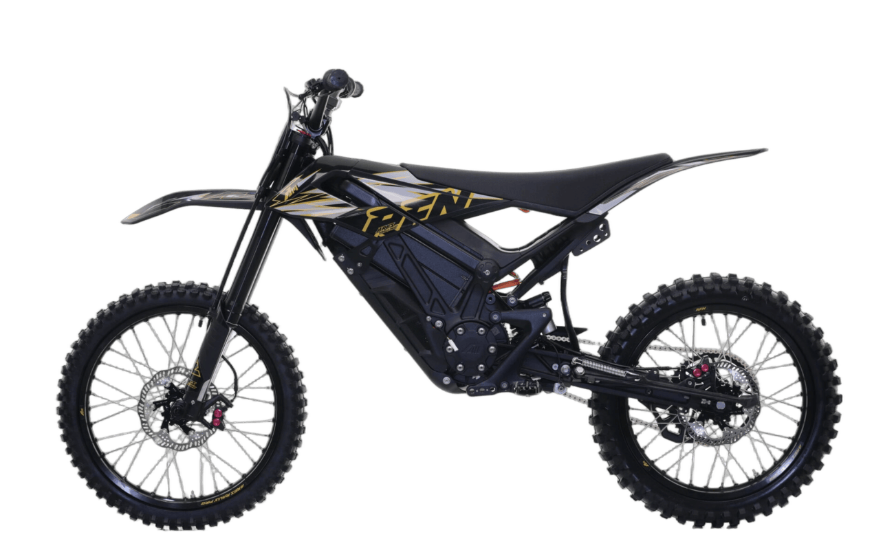 Electric motocross bike with black and gold design, suitable for off-road racing, featuring durable tires and advanced suspension for competitive Grand Prix events.