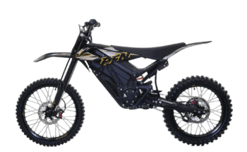 Electric motocross bike with black and gold design, suitable for off-road racing, featuring durable tires and advanced suspension for competitive Grand Prix events.
