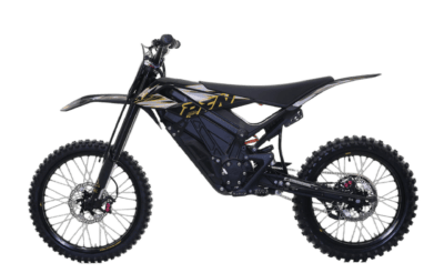 Electric motocross bike with black and gold design, suitable for off-road racing, featuring durable tires and advanced suspension for competitive Grand Prix events.