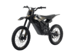 Electric dirt bike with black and gold design, suitable for motocross and off-road racing, featuring rugged tires and advanced suspension.