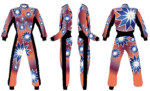 Grand Prix Racewear racing suit with vibrant blue, orange, and white starburst patterns, designed for motorsport enthusiasts and professional racers.