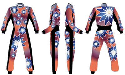 Grand Prix Racewear racing suit with vibrant blue, orange, and white starburst patterns, designed for motorsport enthusiasts and professional racers.