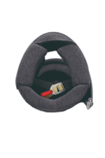 Close-up of a grey racing helmet with a padded interior and a red chin strap, designed for motorsport safety.
