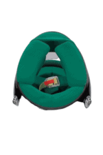 Green child car seat with safety harness, suitable for racing or high-performance driving, designed for safety and comfort.