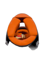 Orange racing helmet with padded interior, designed for motorsport safety and comfort, featuring a secure strap and aerodynamic shape.
