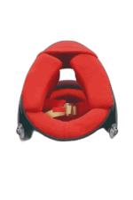 Red racing helmet with a black base and adjustable strap, designed for motorsport safety and performance.