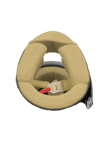 Child car seat with beige padding and safety harness, suitable for racing or high-performance driving.