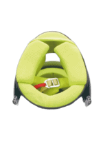 Bright green child car seat with safety harness and adjustable head support, designed for secure travel.