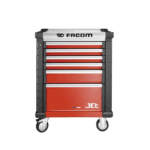 Red and black Facom tool chest with multiple drawers on wheels, ideal for racewear workshops and garages.