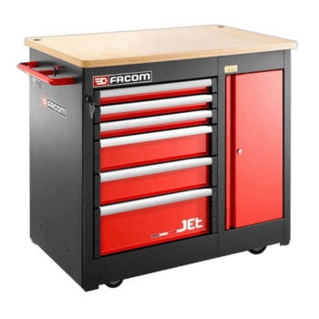 Facom Jetm3 5-drawer red rollcab with wooden top for workshop storage and organisation.